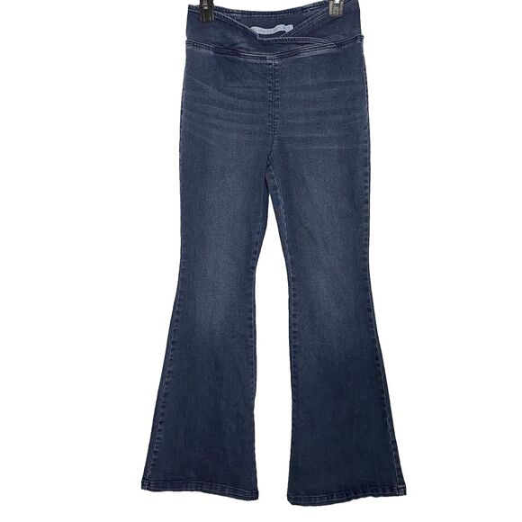 TINSELTOWN Jeans Flare Leg Pull On High Rise Crisscross Waist Dark Womens 9 Blue - Picture 1 of 9